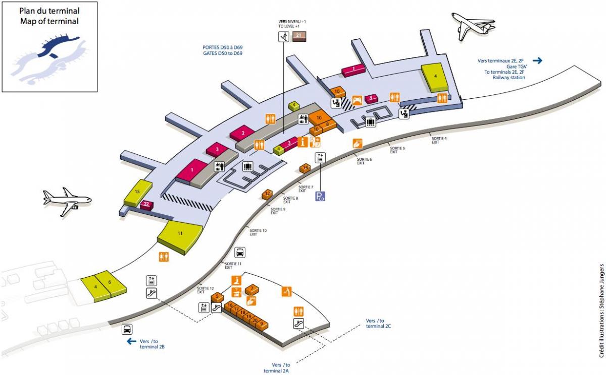 نقشه از CDG ترمینال فرودگاه 2D